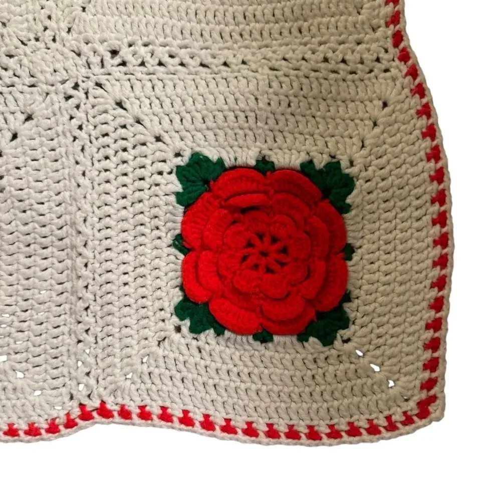 Vintage Crochet Granny Rose Square  Cottagecore Farmhouse Afghan Throw Blanket